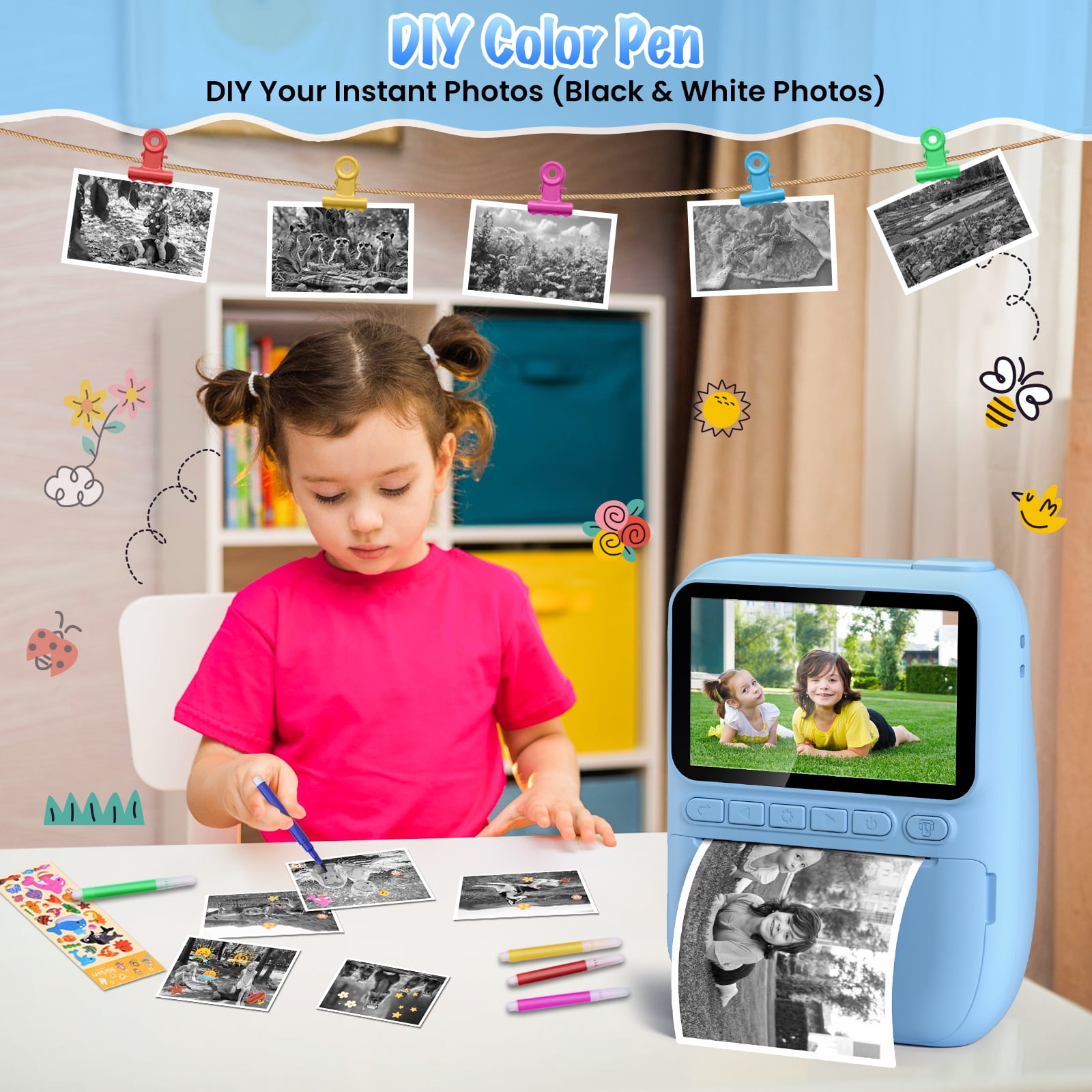 Instant Print Camera for Kids, 3.0" HD 1080P Digital Video Instant Camera for Boys & Girls Age 3-12 Birthday Gifts - Blue