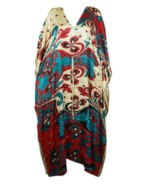 Mogul Women Recycle Silk Maxi Kaftan, Luxurious Caftan dress, Blue Beige Oversized Boho DRESS, Maternity Gift for Mom 2XL