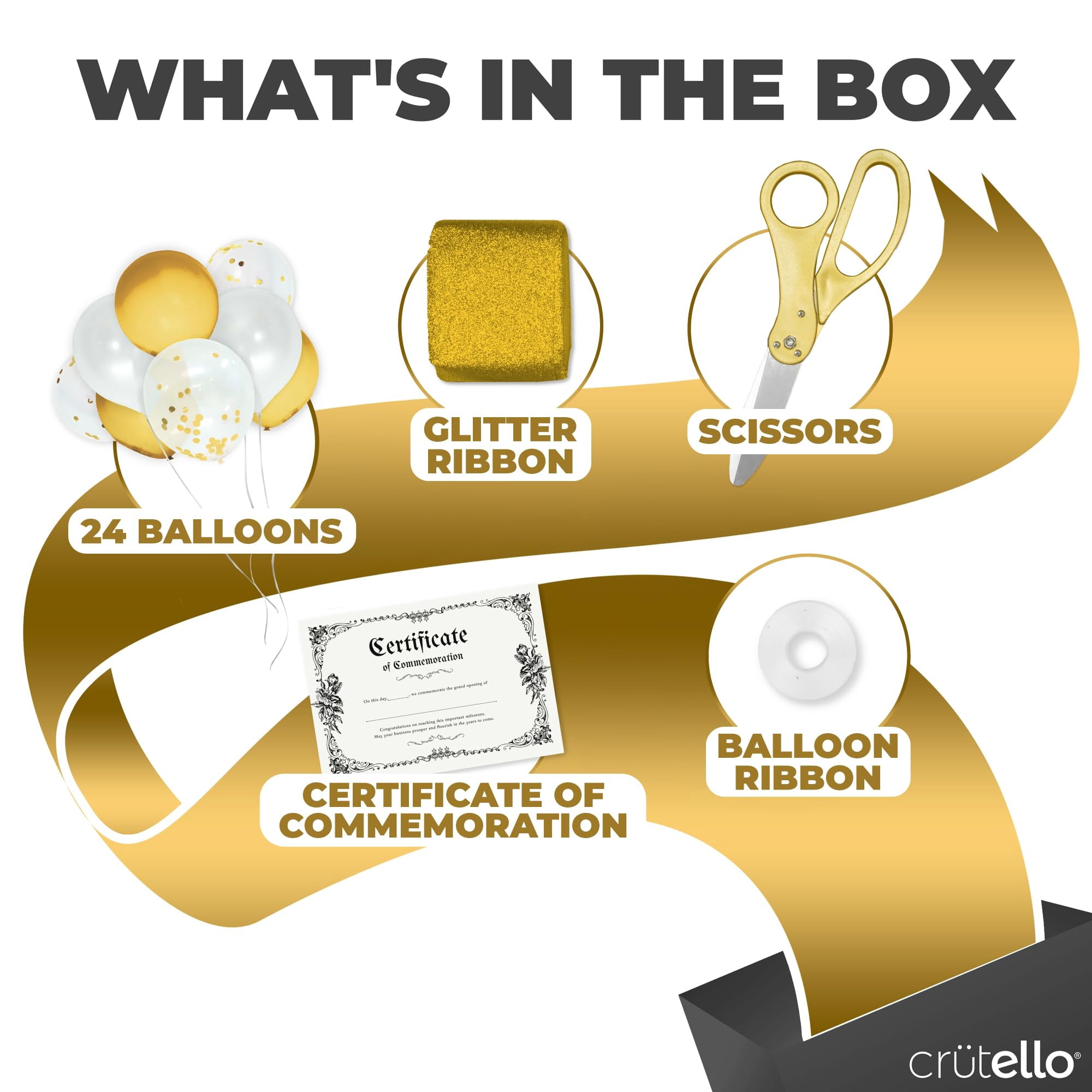 Crutello Ribbon Cutting Ceremony Kit - 20"Giant Scissors with Gold Handle, 30ft Sparkle Giant Gold Ribbon 4"Wide, 24 Balloons & 90ft Balloon Band for Grand Opening Decorations
