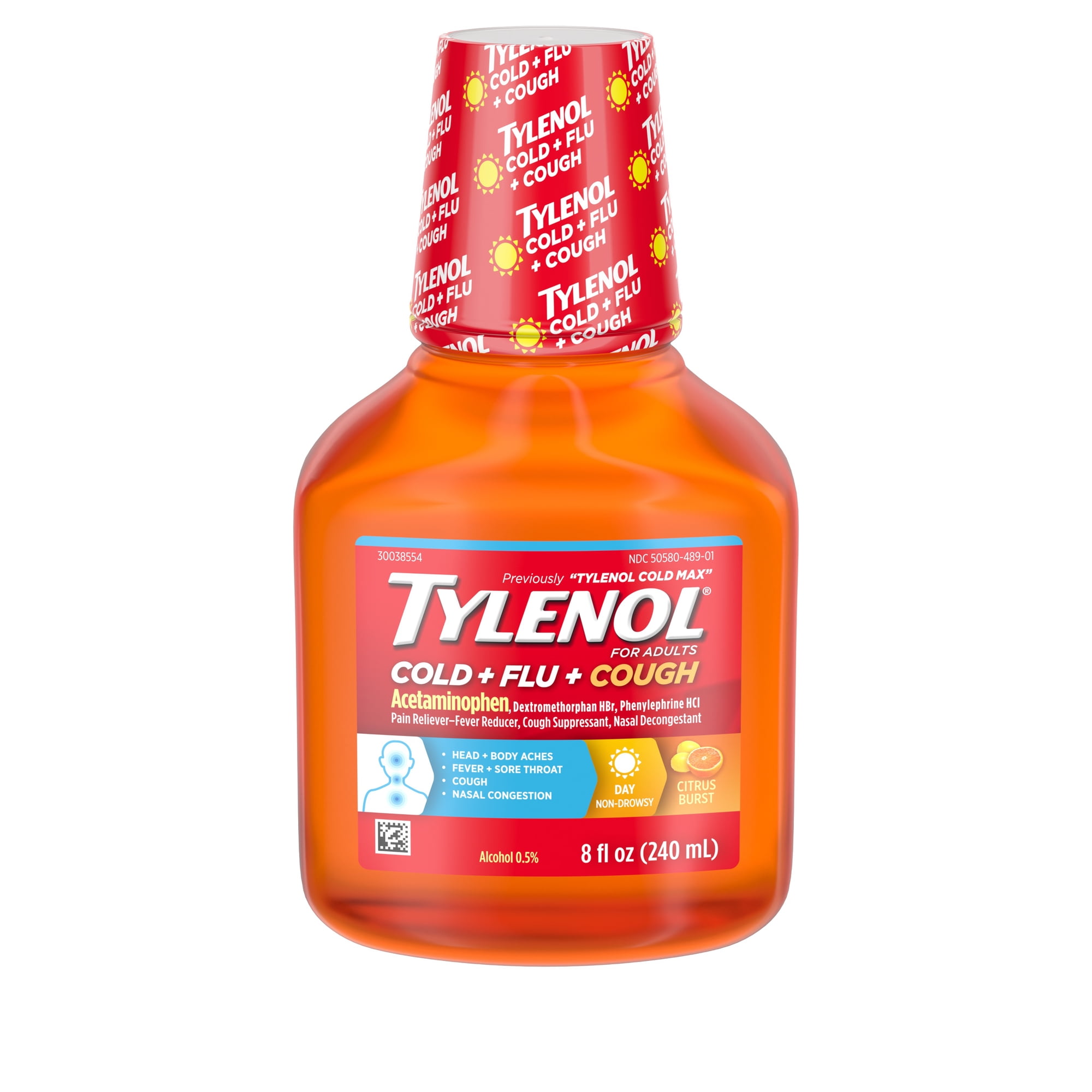 Tylenol Cold + Flu + Cough, Flu and Cold Pain Relief Medicine, Citrus, 8 fl. oz