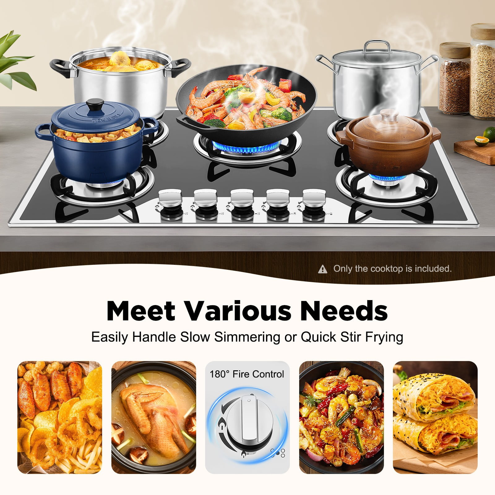 30 Inch Gas Cooktop, 5 Burners Built-in Stainless Steel Gas Stovetop, LPG/NG Dual Fuel Convertible Gass Cooktop