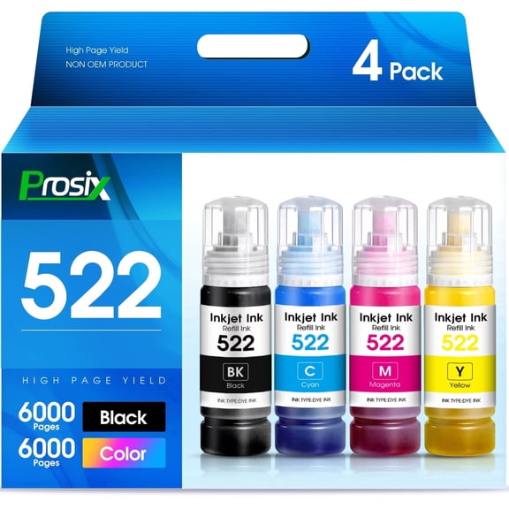 522 Ink Bottles Compatible for Epson 522 Ink Refill Kit for Epson Ecotank ET-1110 ET-2720 ET-2840 ET-4700 (1 Black, 1 Cyan, 1 Magenta, 1 Yellow, 4 Pack)