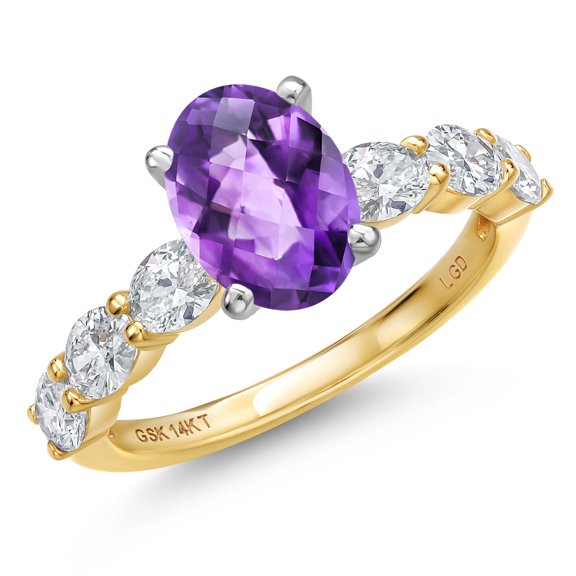 Gem Stone King 14K Two Tone Gold Purple Amethyst and Lab Grown Diamond Engagement Ring for Women | 2.40 Cttw | Oval Checkerboard 9X7MM | Gemstone February Birthstone | Size 7