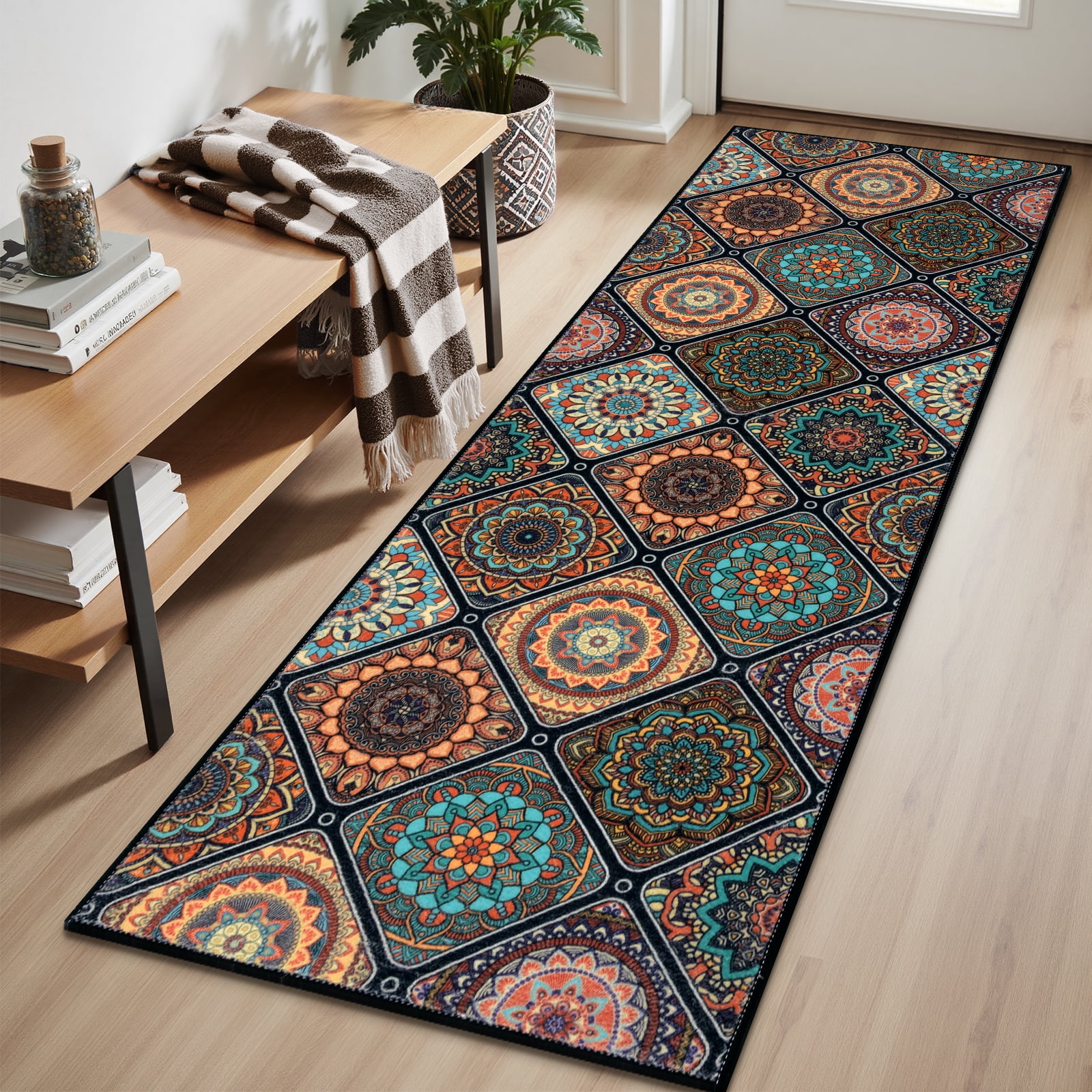 Findosom 2pc Boho Kitchen Rugs and Mats Set, Non Slip Washable Kitchen Runner Rug for Kitchen Floor, Farmhouse Kitchen Decor, Hallway, Entryway, Laundry Room,20"x32"+20"x47" Orange