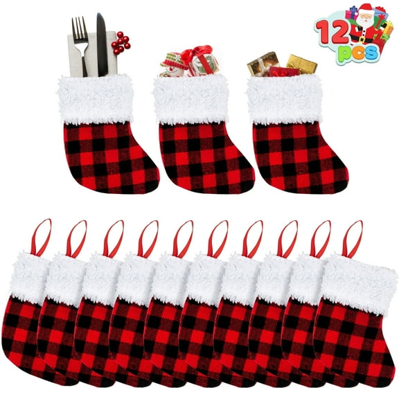 Joyfy 12 Pcs 5” Mini Christmas Stocking,Red Black Plaid Xmas Stockings for Christmas Tree Decoration, Party Favors
