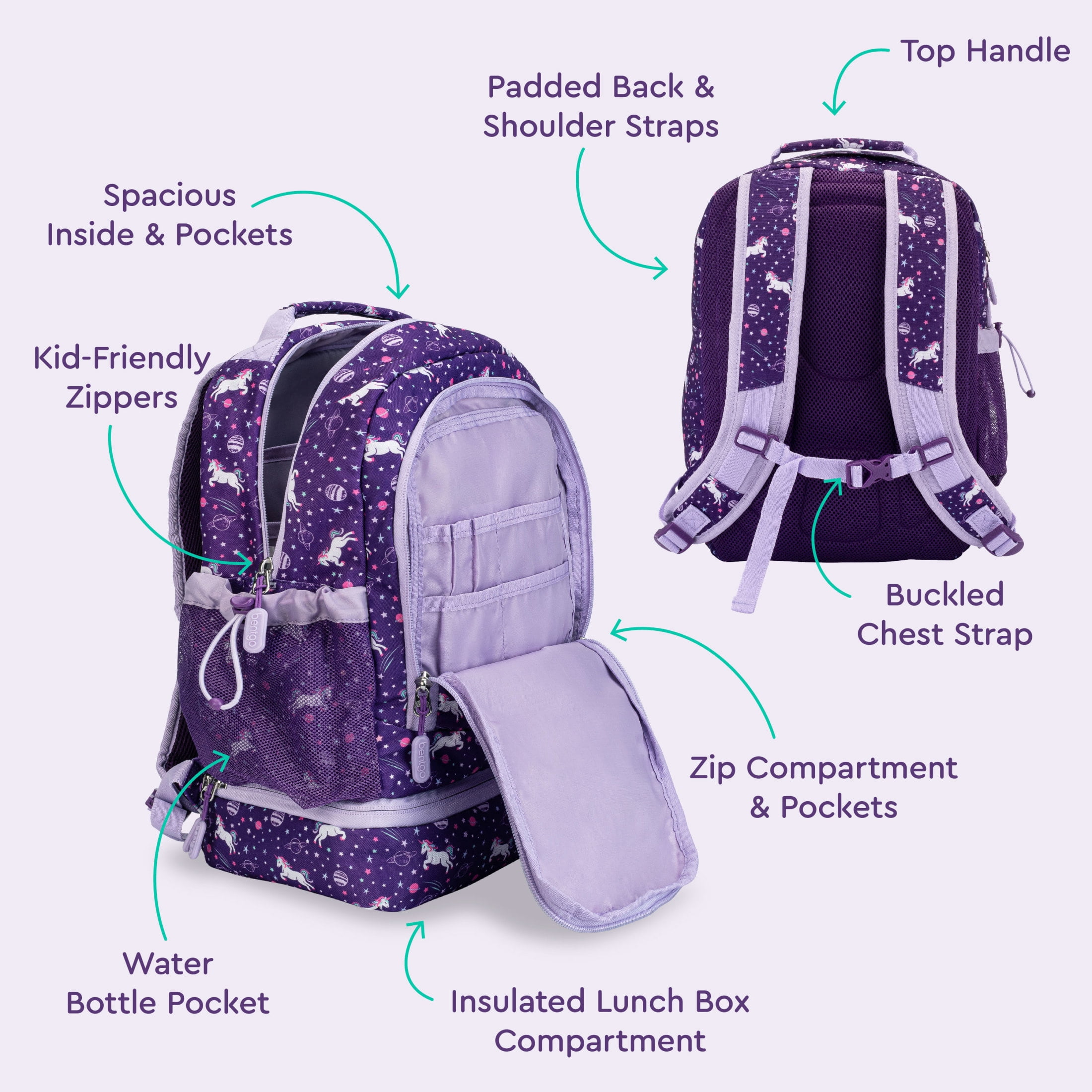 bentgo Kids Prints Unicorn Backpack w/ Lunch Box Purple (BGBKPAK-UNI)