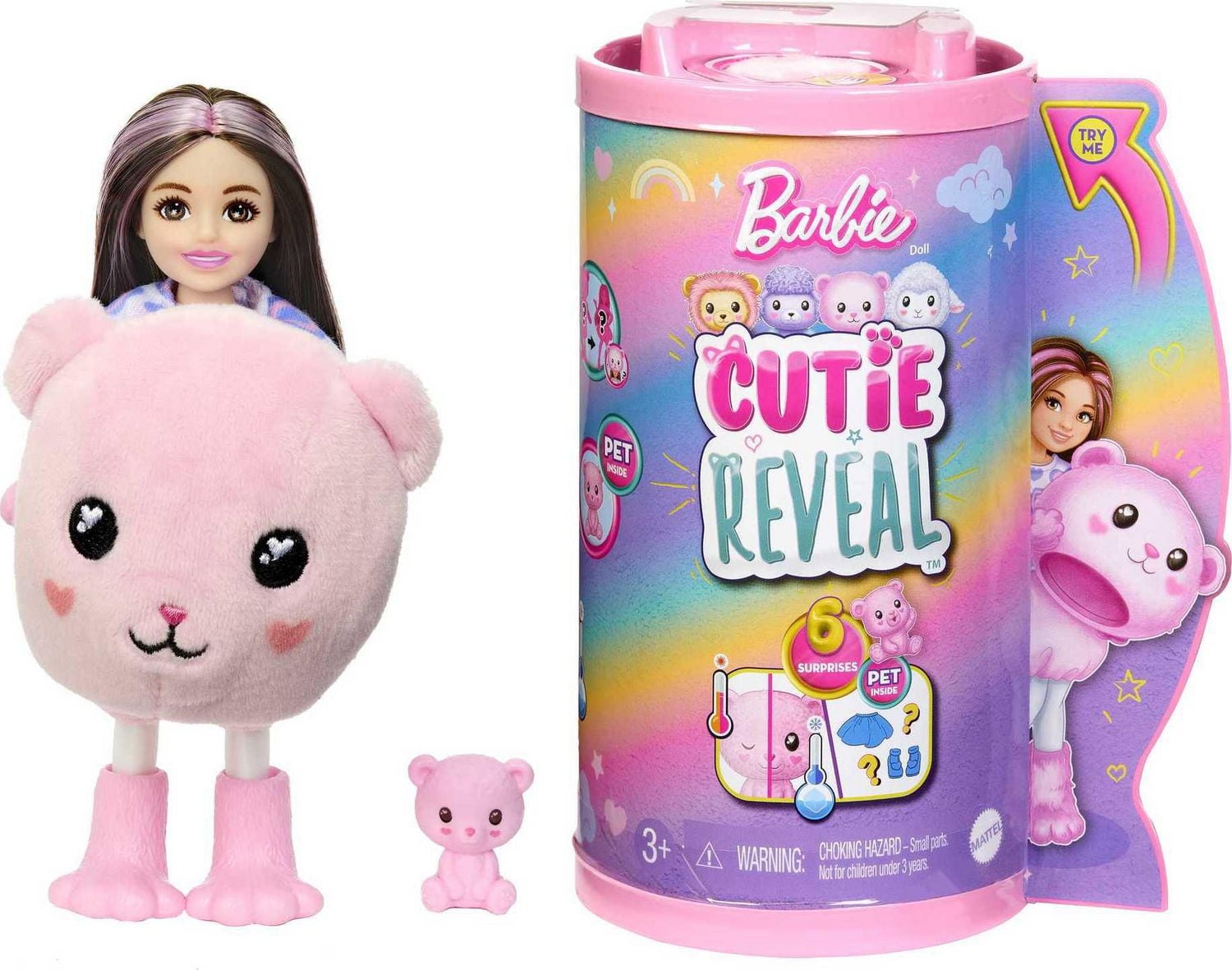 Barbie Cutie Reveal Cozy Cute Tees Series Chelsea Doll & Accessories, Plush Teddy Bear, Brunette Small Doll