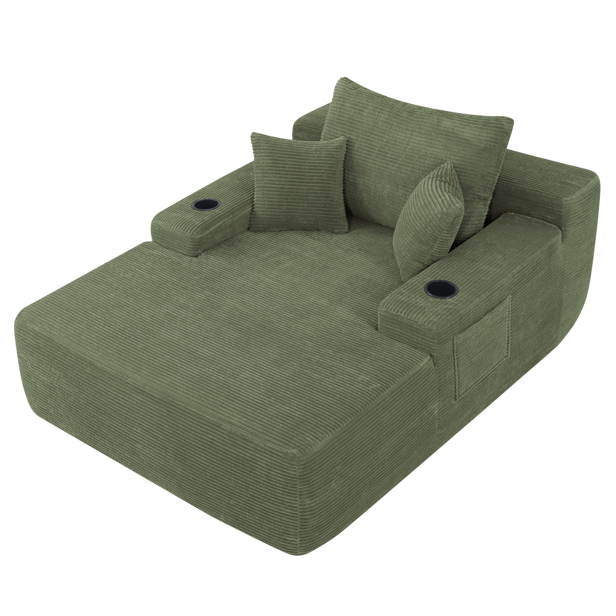 Leumius Boneless Couch, Lounge Chair corduroy with Wide Armrest & Throw Pillows, Cozy Boneless Sleeper Sofa Bed Armchair with Cup Holder for Living Room, Bedroom, No Assembly Required,Green