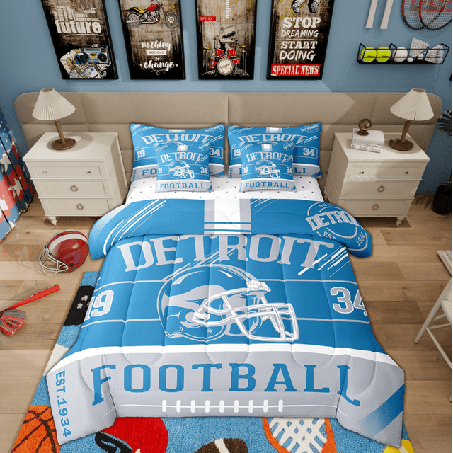 Erosebridal Literie de Sport pour Garçons Format Simple pour Enfants et Ados, Ensemble de Housse de Couette Football Américain, Bleu Gris, Detroit, Réversible 7 Pcs