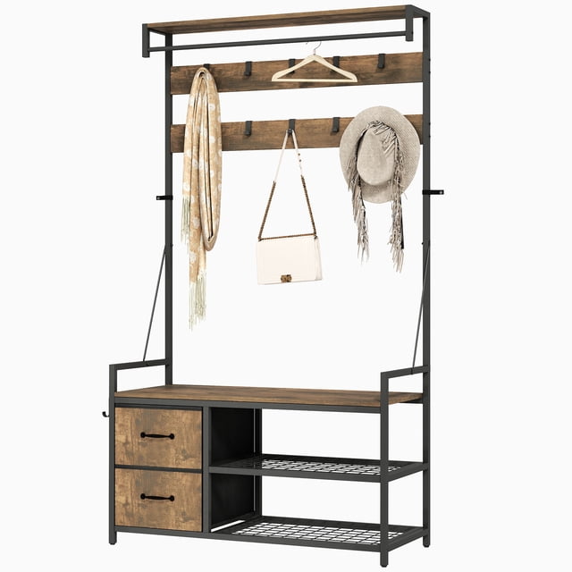 CoSoTower 6-In-1 Hall Tree with Bench and Shoe Storage, Coat Rack Shoe Bench with 10 Hooks, 2 Fabric Drawers, Rustic Brown