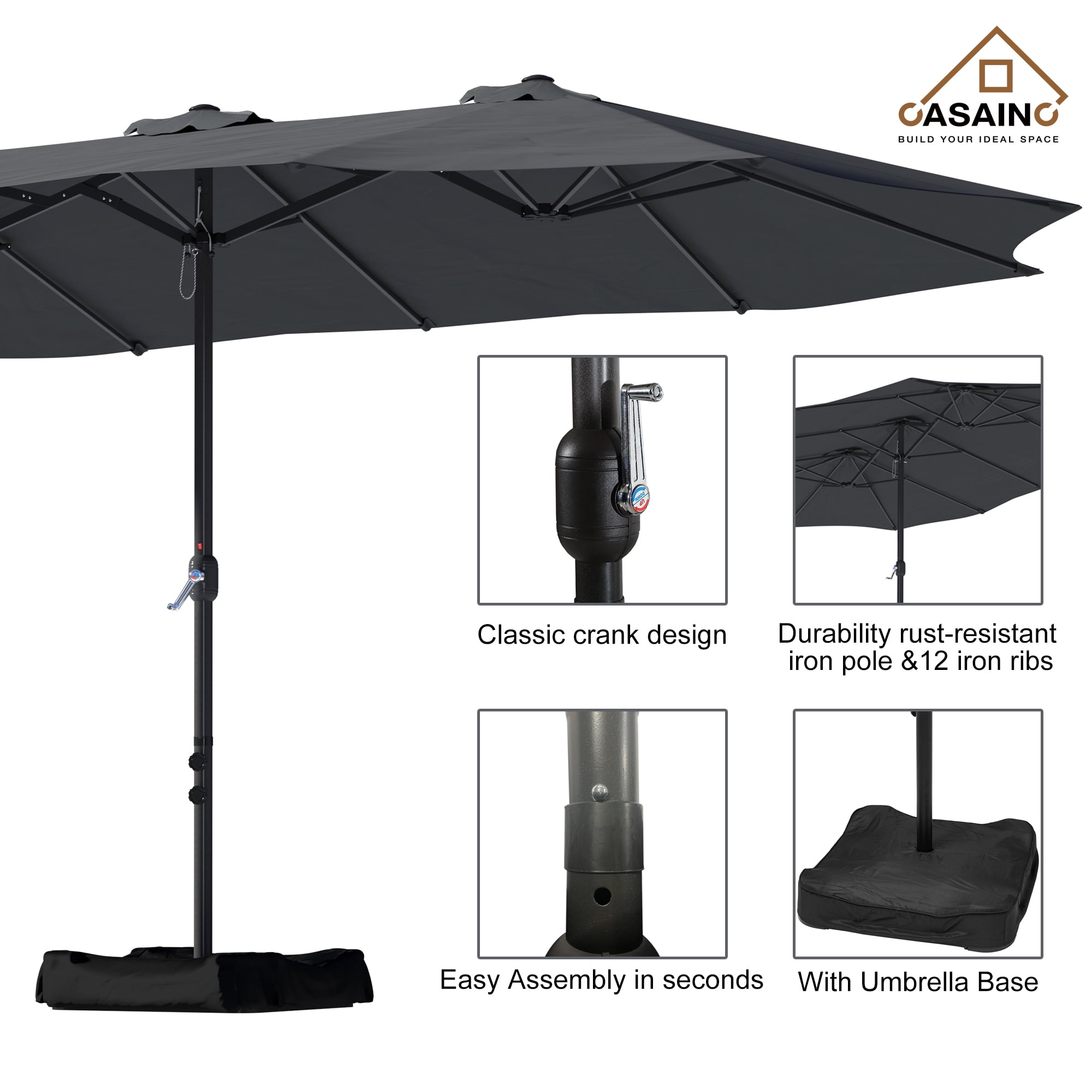 CASAINC 15 ft. Market Patio Umbrella Double-Sided Twin Large Patio Umbrella with Base in Dark Gray