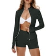 thumbnail image 2 of Domuza Women's 2 Piece Tracksuit Sets Long Sleeve Zip Up Tops and Shorts Casual Solid Color Yoga Suit Set Workout Oufit Jogger Loungewear Set Dark Green L, 2 of 7