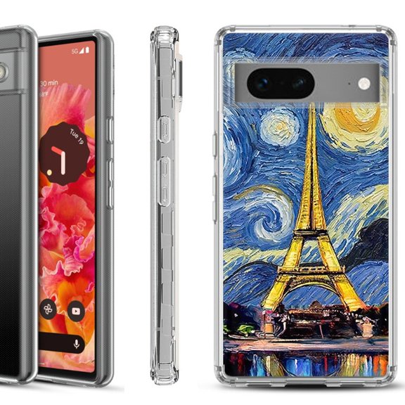 Shockproof Phone Case for Google Pixel 8a 5G, Hybrid Case Cover, by OneToughShield - Starry Night Eiffel