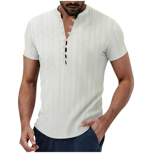 Playera Elvqul para Hombre Manga Corta sin Estampado Beige Playa Cuello Redondo