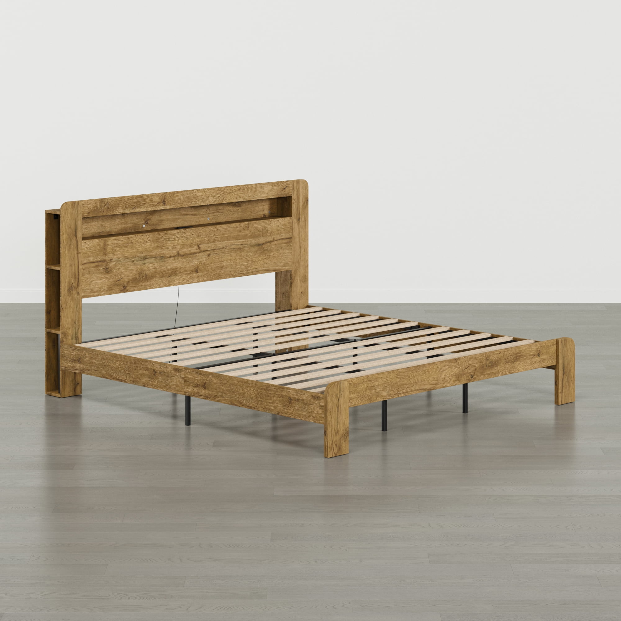 Spruce & Spring Modern Wood King Bed Frame with LED Lights, Storage Headboard & Charging Station, Noise-Free, No Box Spring Required, Easy Assembly, Nature