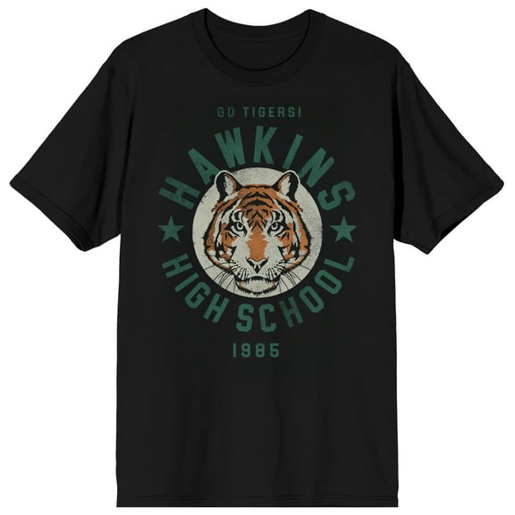 Stranger Things Hawkins High School Tigers Adult Black Crew Neck Short Sleeve T-shirt-XS
