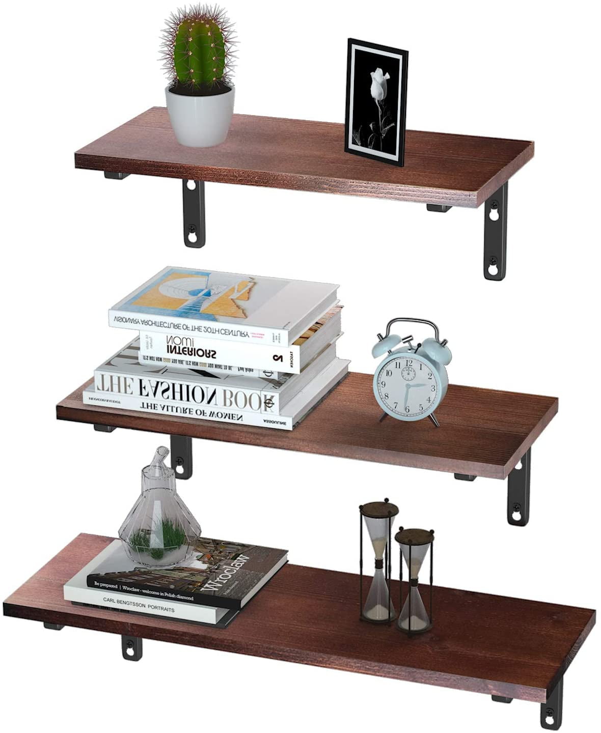 Rustic Wood Floating Shelves Wall Mounted Storage with Metal Brackets