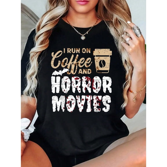 Halloween Tops, Halloween I Run On Coffee And Horror Movies Trick Or Treat Graphic Tees Women, Halloween Tops Holiday Gifts For Family & Friends.