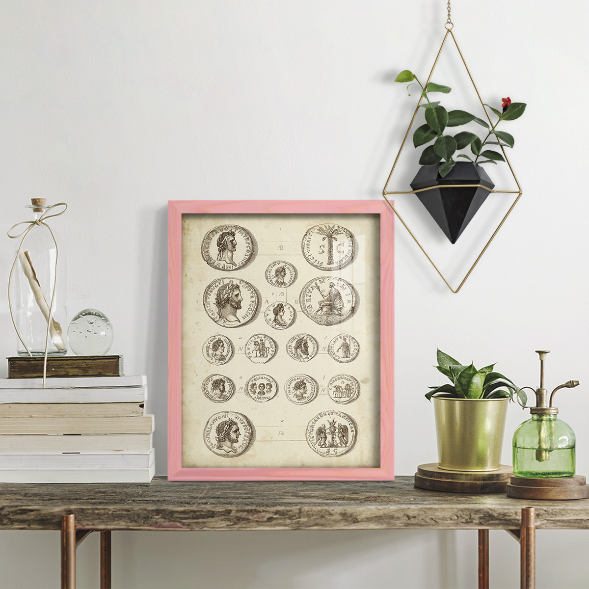 Antique Roman Coins IV -Framed Print w/glass-Sunset Pink