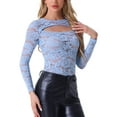 thumbnail image 4 of INSPIRE CHIC Valentine's Day Women's Floral Lace Cutout Front Long Sleeve See Through Sheer Blouse Top XL Sky Blue, 4 of 5