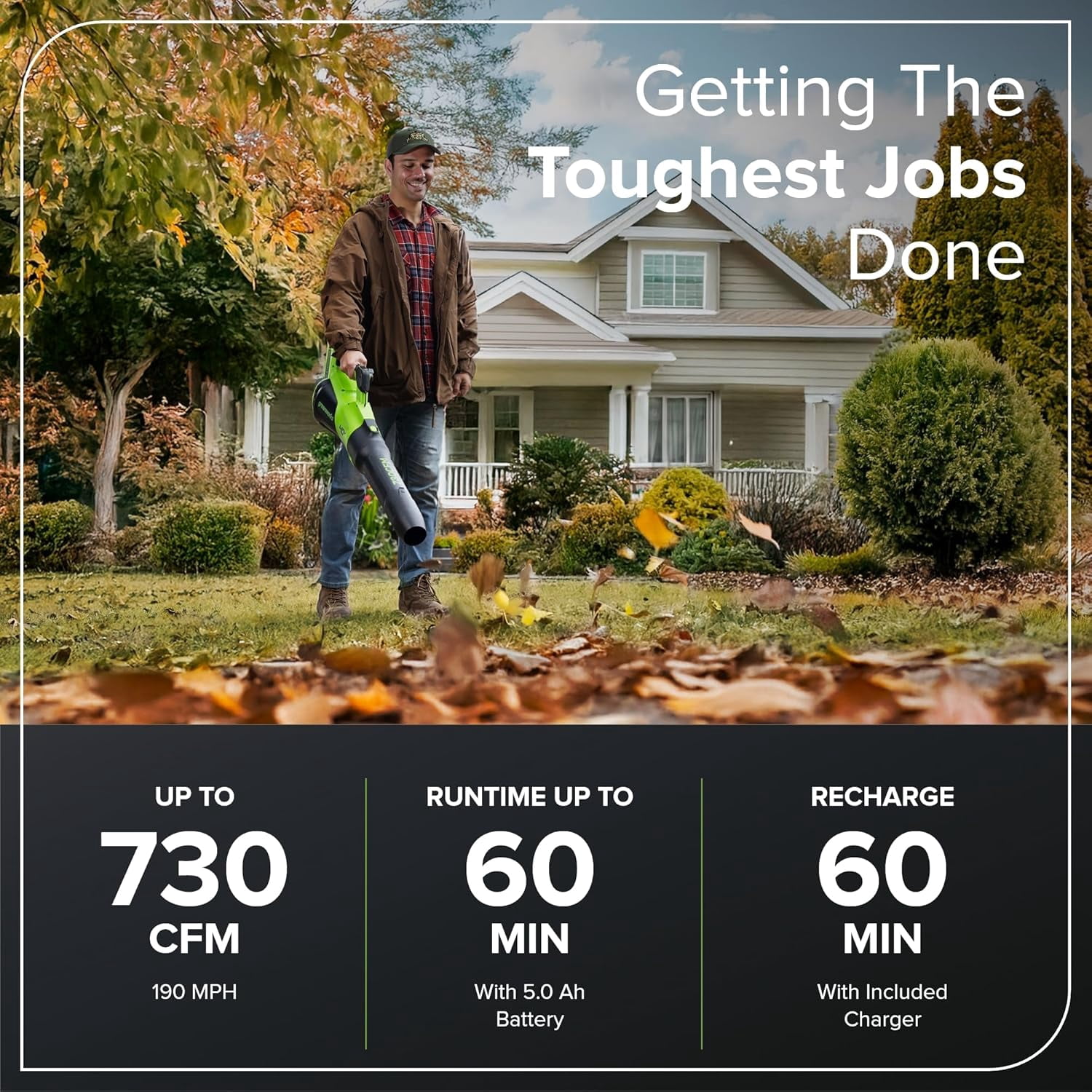 Greenworks 40V (730 CFM / 190 MPH) Cordless Brushless Leaf Blower, 5.0Ah Battery and 5A Rapid Charger