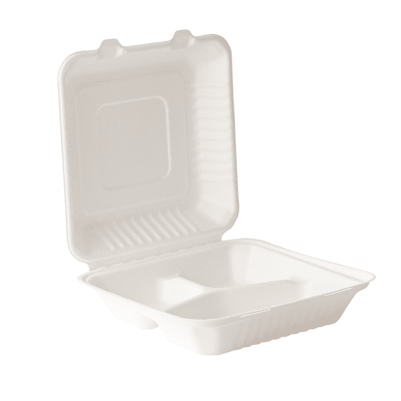 Contenedor Almeja 3 Divisiones 8x8 cm Biodegradable 200 Pzs blanco KANOGO GREEN
