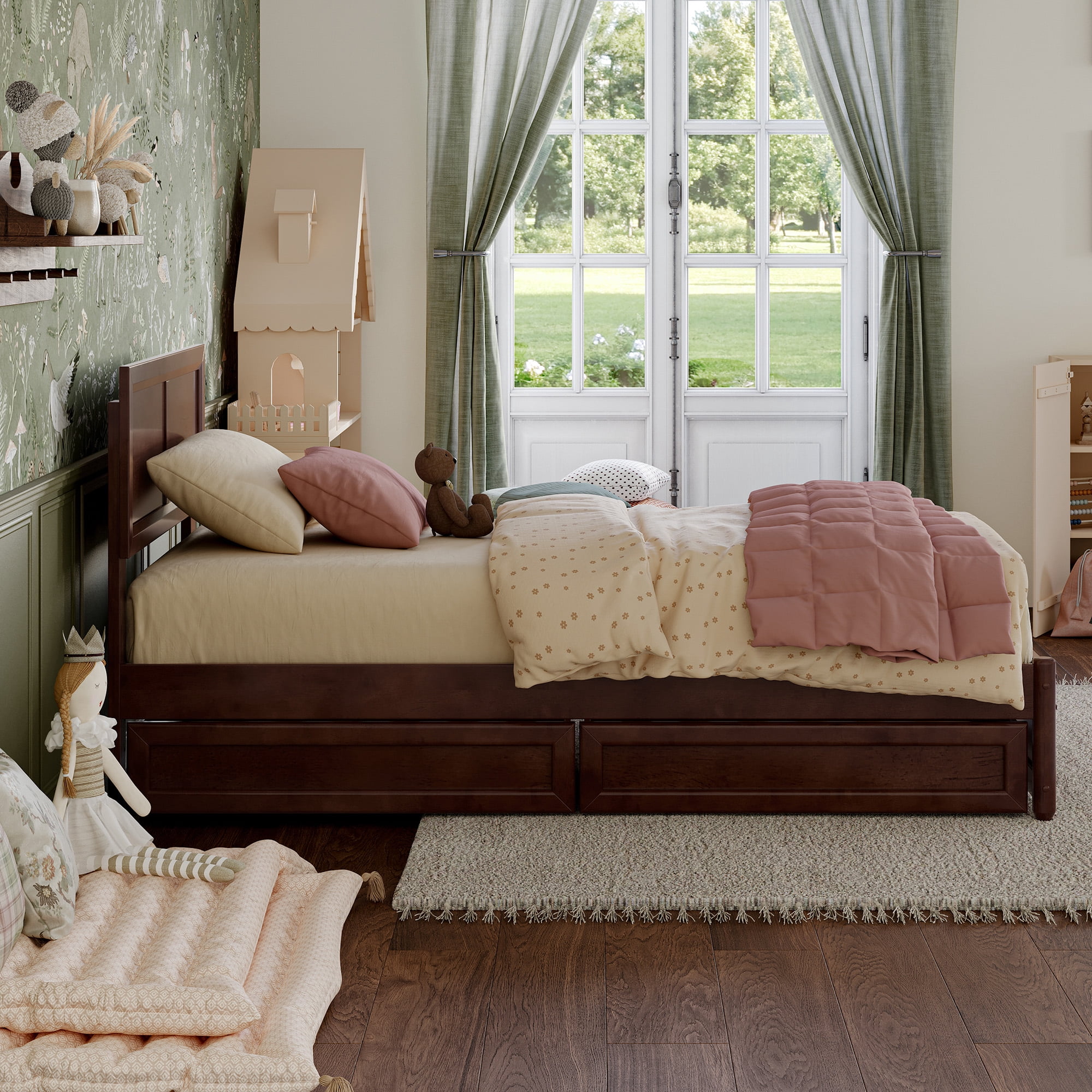AFI Lylah Twin Wood Platform Bed with Panel Footboard and Storage Drawers, Walnut