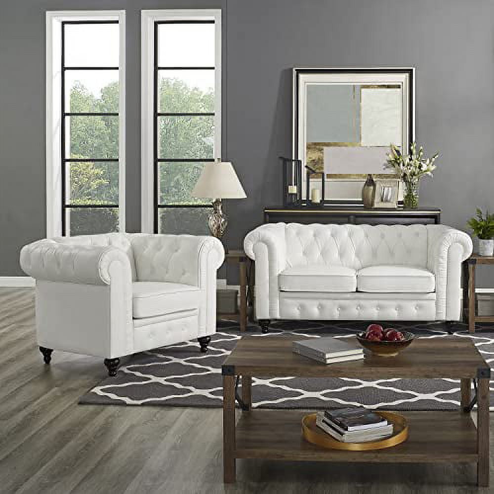 2 Piece Living Room Set, Faux Leather Chesterfield Loveseat & Chair, Deep Button Tufted with Rolled Arms, Home Furniture - Include 3-Seater Couch and Single Chair, White