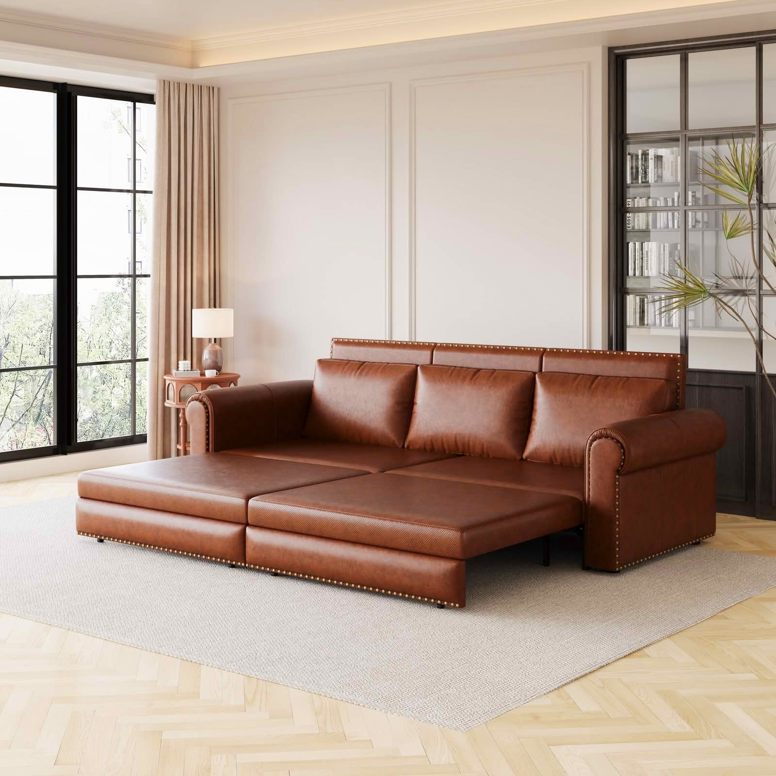 MAYEERTY 93.7" Chesterfield 3‑in‑1 Pull‑Out Sofa Bed, Faux Leather Sleeper Sofa with Nailhead Trim & Rolled Arms, King Size, 3 Pillows Included