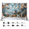 thumbnail image 5 of Airplane Cool Birthday Backdrop Adventure Theme Boy Birthday Party Photography Background Wooden Toy Airplane Travel Suitcase Banner Decorations Baby Shower Party Photo Booth Props, 5 of 5