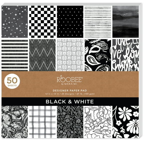Roobee by Mara Mi Black and White Printed Scrapbook Paper, 50 Sheets, 25 Designs