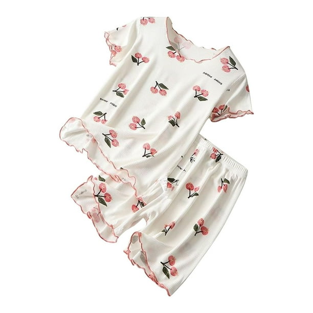 Odeerbi 0-8 Años Niños Niñas Pijama de Verano de Seda Hielo Recorte de Lechuga Tops de Manga Corta Pantalones Cortos de Dos-Conjunto de Pijama de Dos Piezas Suave