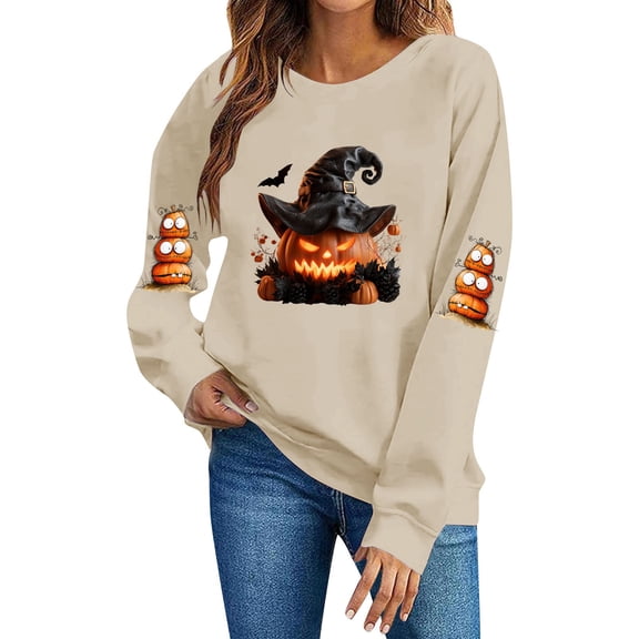 Enjoytime Halloween Crew Neck Sweatshirts Women Vintage Funny Printed Pullover Top Lightweight Casual Long Sleeve Sweatshirt