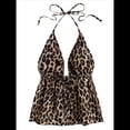 thumbnail image 2 of Top de Mujer con Estampado de Leopardo, Cuello Halter, Espalda Descubierta, Abertura Frontal, Dobladillo con Volantes y Corte para Salir. Estampado de Leopardo M, 2 of 10