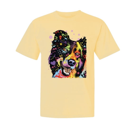 Wild Bobby,Neon Rainbow Happy Cute Dog Dog Lover Garment-Dyed Washed Look Short Sleeve Tees, Banana, Small