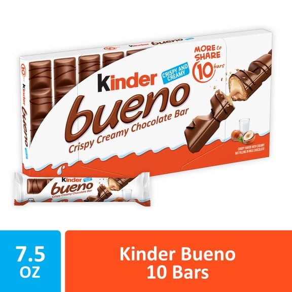 Kinder Bueno Milk Chocolate Bars with Hazelnut Cream, 10 Bars, Chocolate Candy Bars for Game Day, Football Party Supplies, Snacks for Adults, 10 Per Pack