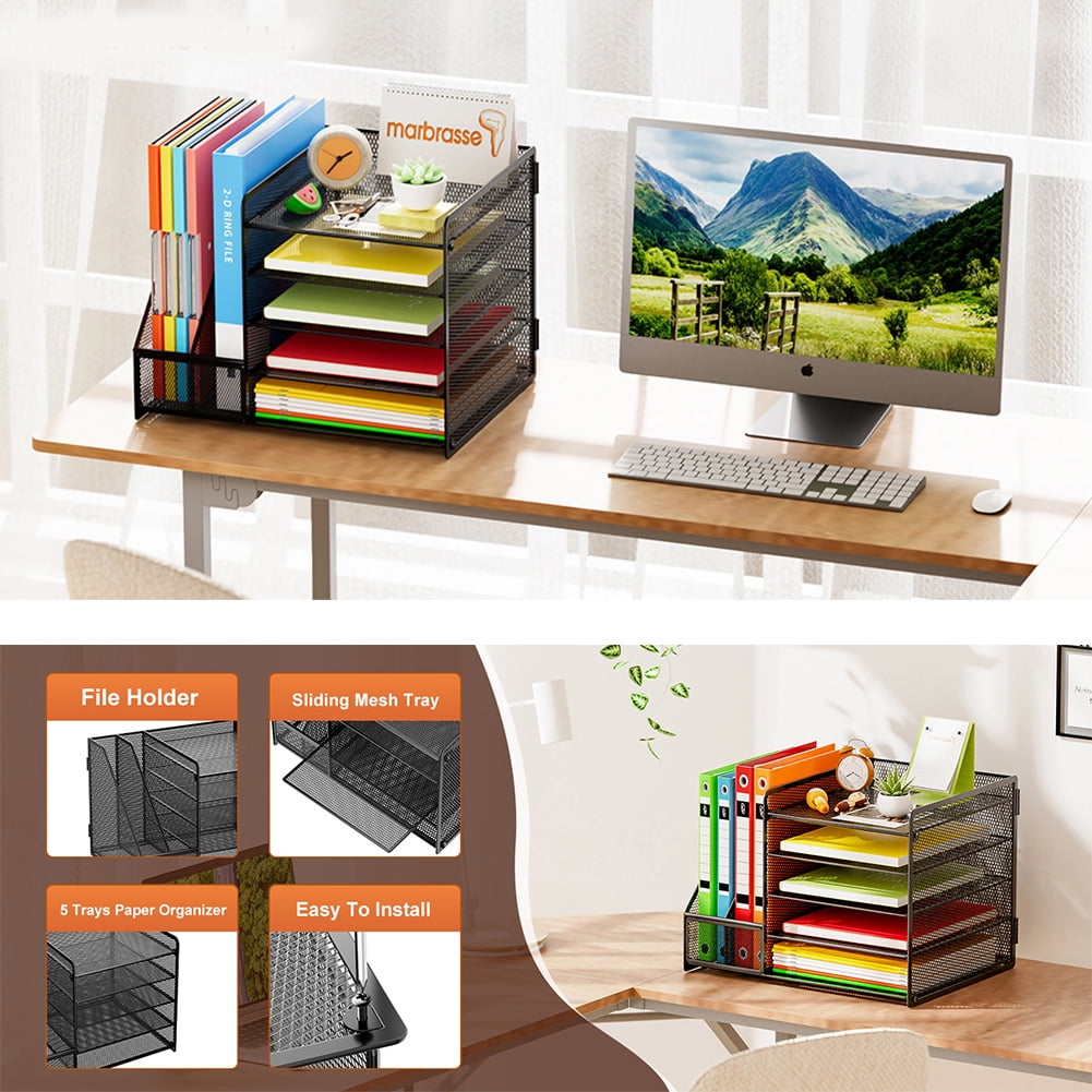 Marbrasse Desk Organizer with File Holder, 5-Tier Paper Letter Tray Organizer, Mesh Desk Organizers and Accessories with Magazine Holder, Desktop Organizer and Storage for Office Supplies