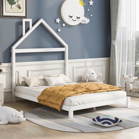 House Platform Bed with Roof & Chimney  Wooden Full Size Low Platform Bed Frame with House-shaped Headboard  Multifunctional House Floor Bed Tent Bed  Can Be Decorated  No Spring Box Needed  White