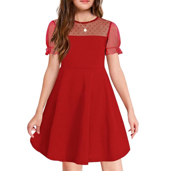 Vestido Haloumoning para niñas, malla en contraste, manga abullonada, rojo, de 4 a 14 años