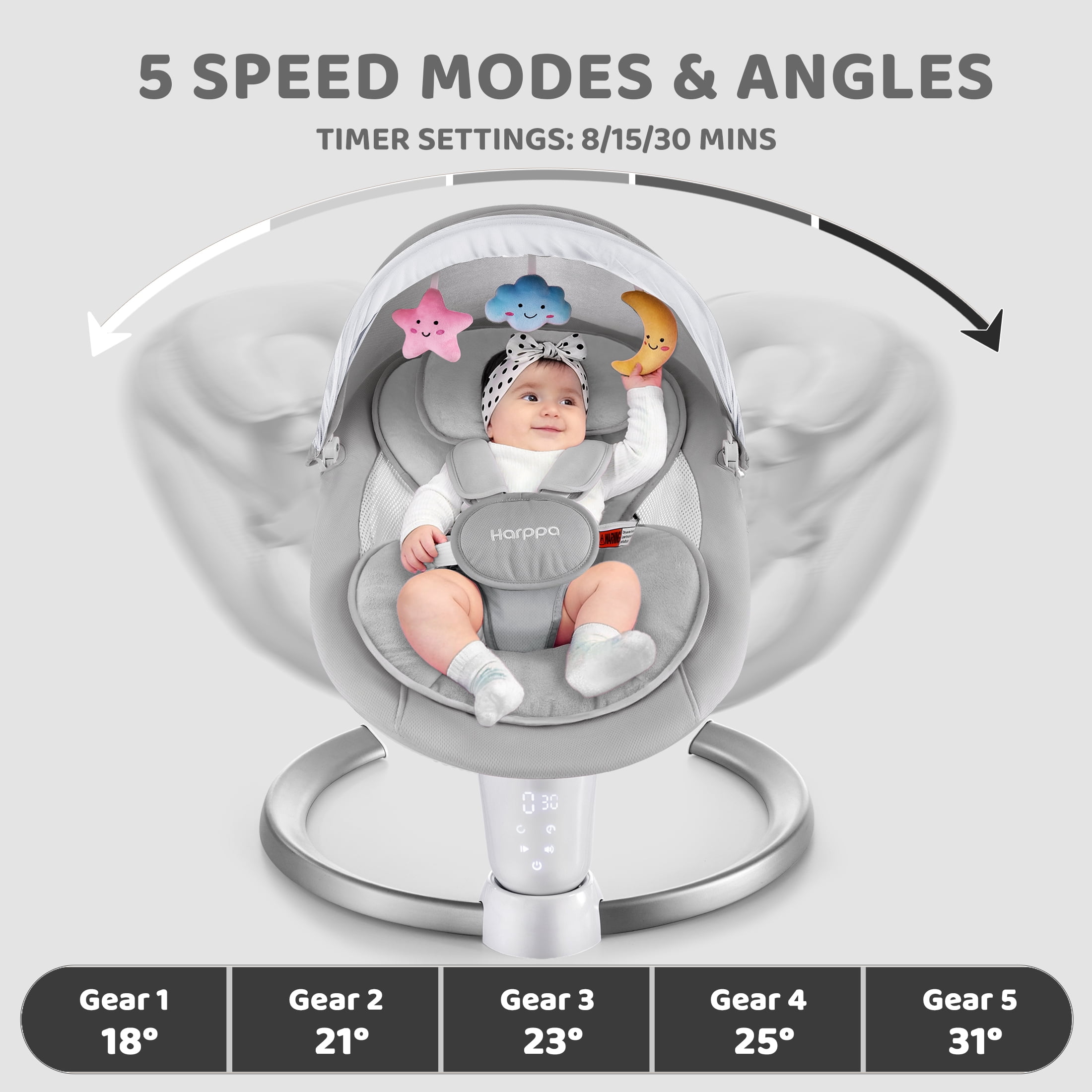 HARPPA Electric Baby Swing for Infants , 5 Sway Speed, Remote Control, Gray