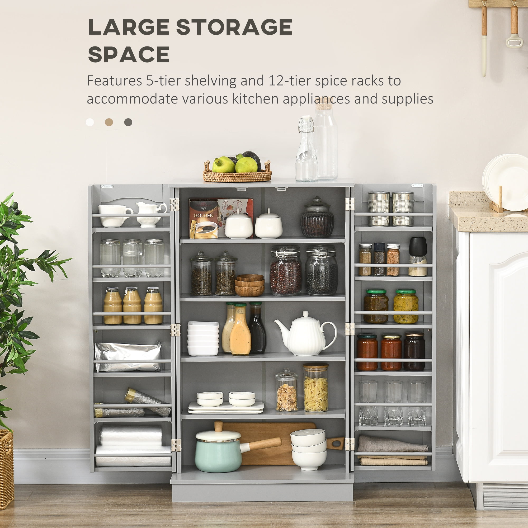 HOMCOM 41" Kitchen Pantry, 2-Door Kitchen Cabinet with 5-tier Storage Shelving, 12 Spice Racks and Adjustable Shelves for Dining Room, Gray