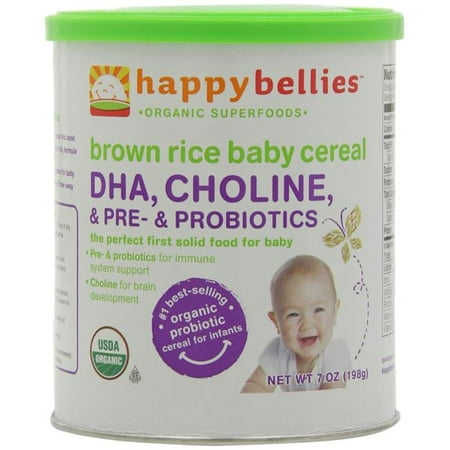 Happy Bellies Organic Baby Cereal with DHA, Choline & Probiotics, Brown Rice, 7-Ounce Canisters