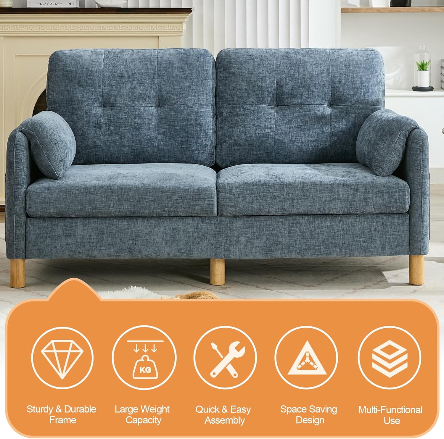 65" Chenille Loveseat Sofa, Modern 2-Seater Love Seat Couch with Armrest Pillows,Upholstered Tufted Loveseat Couches for Living Room Bedroom, Blue