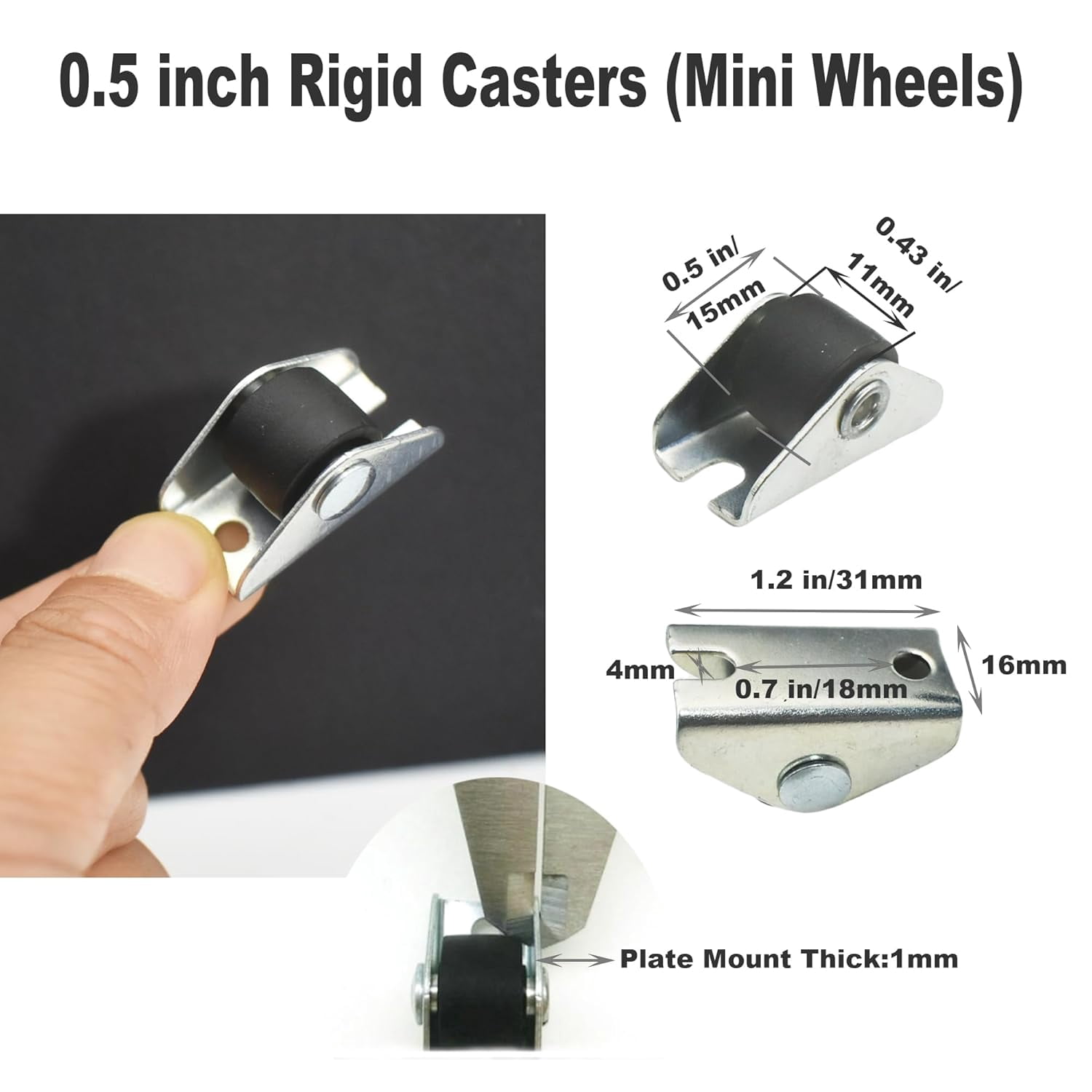 FRKSMD-0.5 inch Rigid No-Swivel Plate Hard Rubber Caster Wheels for Furniture and Workbench 6 Packs(Free Screws)