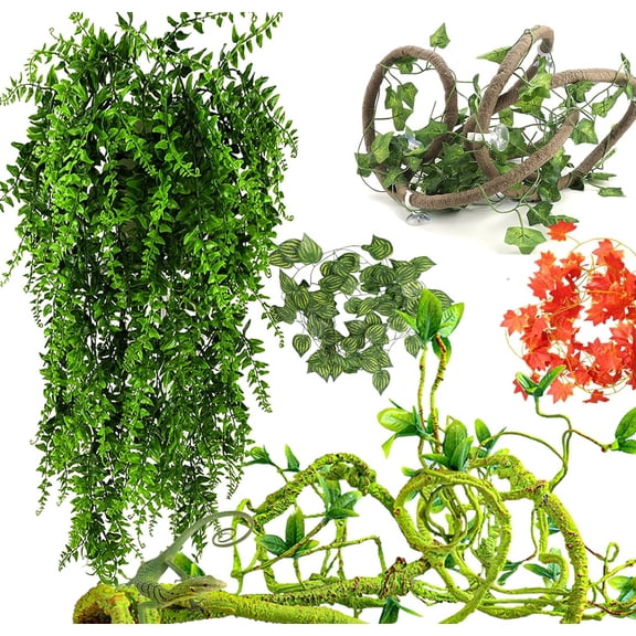 Reptile Vines Plants for Terrarium, Flexible Jungle Climbing Branch with Leaves Tank Decor for Snakes Bearded Dragons Geckos Hermit Crabs Lizards Chameleons