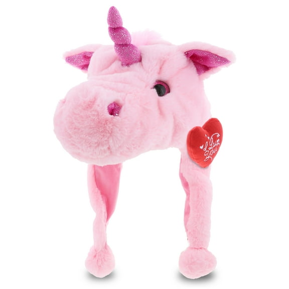 DolliBu I LOVE YOU Pink Unicorn Plush Hat – Cute Unicorn Stuffed Hat with Red Heart for Valentine, Anniversary, Romantic Date, Boyfriend, or Girlfriend Gift – 16 Inches