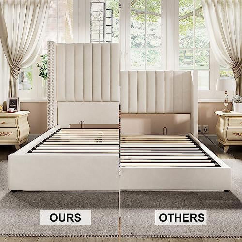Merluxy Queen Bed Frame Lift Up Storage Bed, Velvet Queen Upholstered Bed Frame Channel Tufted Wingback Headborad/No Box Spring Needed/Cream