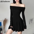 thumbnail image 2 of Vestido mini de estilo grunge de Fairycore, con hombros descubiertos, manga larga, plisado, elegante, ajustado, color liso, para fiesta., 2 of 6