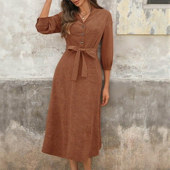 BLTIBY Womens Corduroy Midi Dresses Button Up A Line Long Sleeve Wedding Guest Long Dress Casual Office Dresses with Belt Coffee M