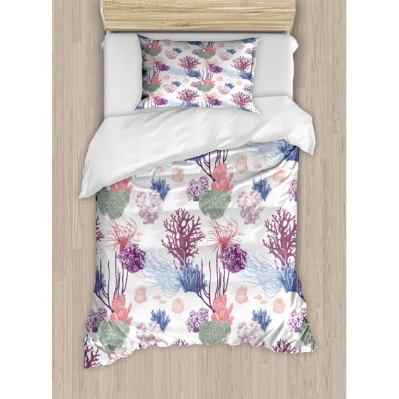 Nature Duvet Cover Set Twin Size, Underwater Scene of Engraved Style Coral Reef Designs Repetition Print, Decorative 2 Piece Bedding Set with 1 Pillow Sham, White and Multicolor, by Ambesonne